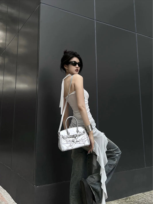Fashion Punk Hot Girl Style Y2k Locomotive Tote Bags Classic Street Women Shoulder Crossbody Bag Leather Black Women Handbags