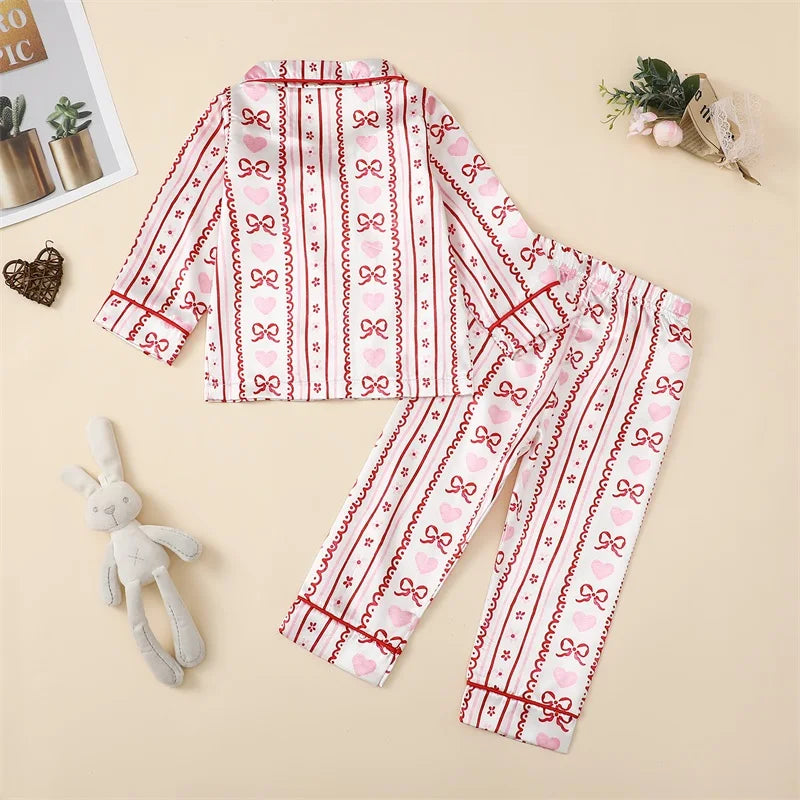 Kids Girls Valentine s Day Pajamas Set Bow Heart Print Long Sleeve Shirts Tops Long Pants 2 Pieces Lounge Suit Sleepwear