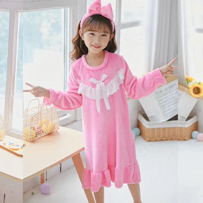 Autumn Winter Girls Flannel Nightdress Children Long-sleeve Nightdress Round Neck Bowknot Decoration Princess Style Pajamas