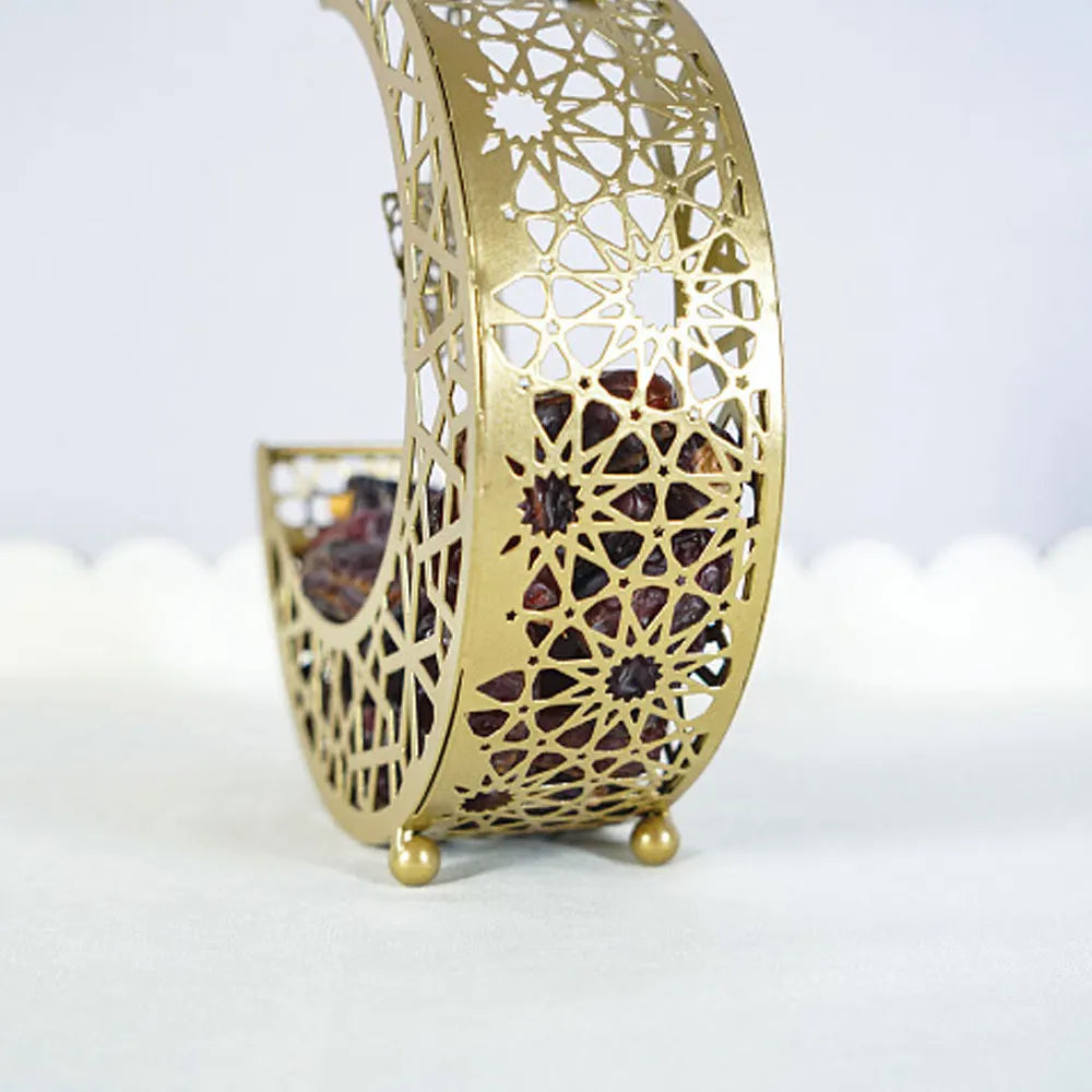 Golden Snack Tray Hollow Out Moon Star Shape Eid Mubarak Serving Platter Muslim Ramadan Nuts Plate