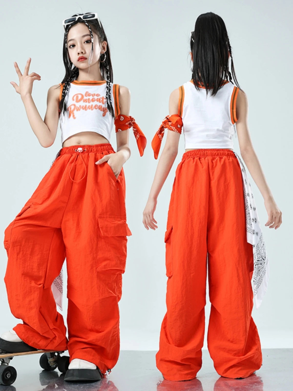 Children Jazz Dance Clothes Girls Summer Navel Vest Orange Pants Hip Hop Outfits Modern Kpop Performance Clothing Rave BL12850