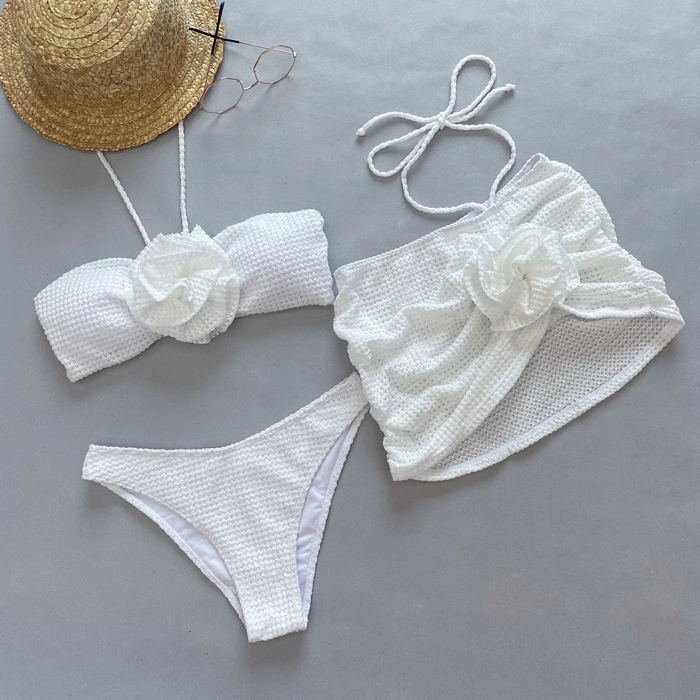 3 Piece Bikini Women Swimsuits 2024 Female Swimwear Beachwear Swimming Suit Bathing Suit Bikini Set Floral Skirt Sarong Biquini