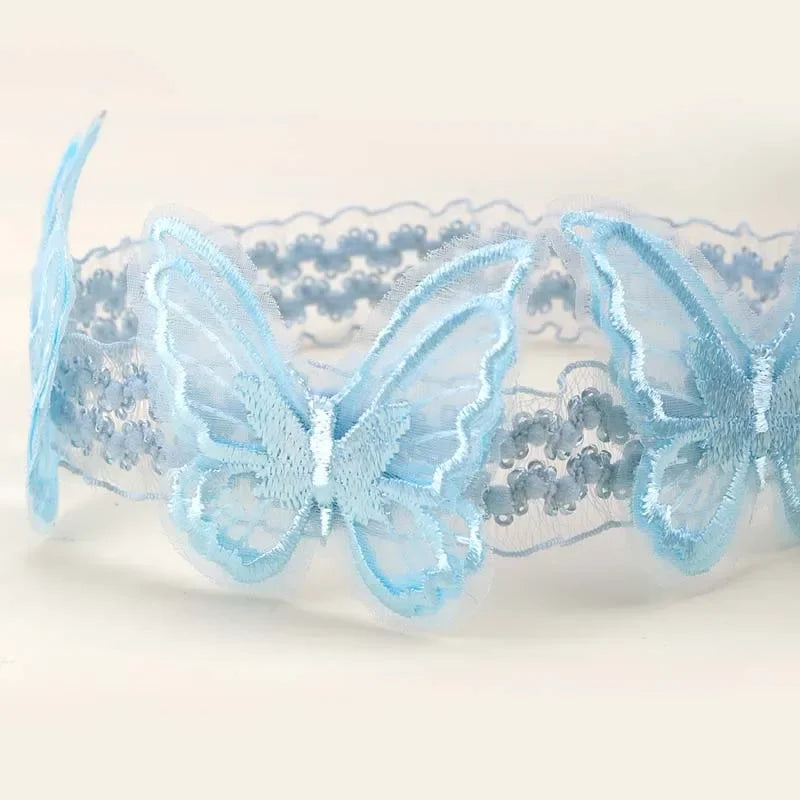 Oaoleer Blue Lace Butterfly Headband Mesh Butterfly Hairband for Baby Girl Soft Elastic Nylon Hair Band Toddler Hair Accessories