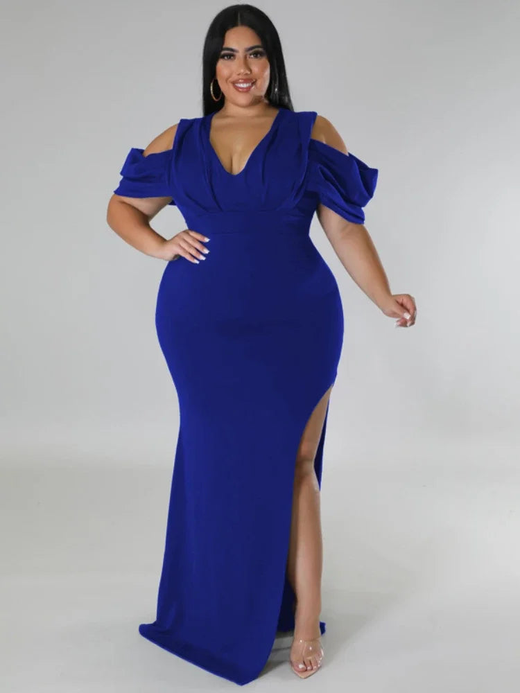 ONTINVA Long Prom Dresses V Neck Cold Shoulder Empire Curvy Lady Evening Birthday Wedding Event Party Gowns Plus Size 4XL 5XL