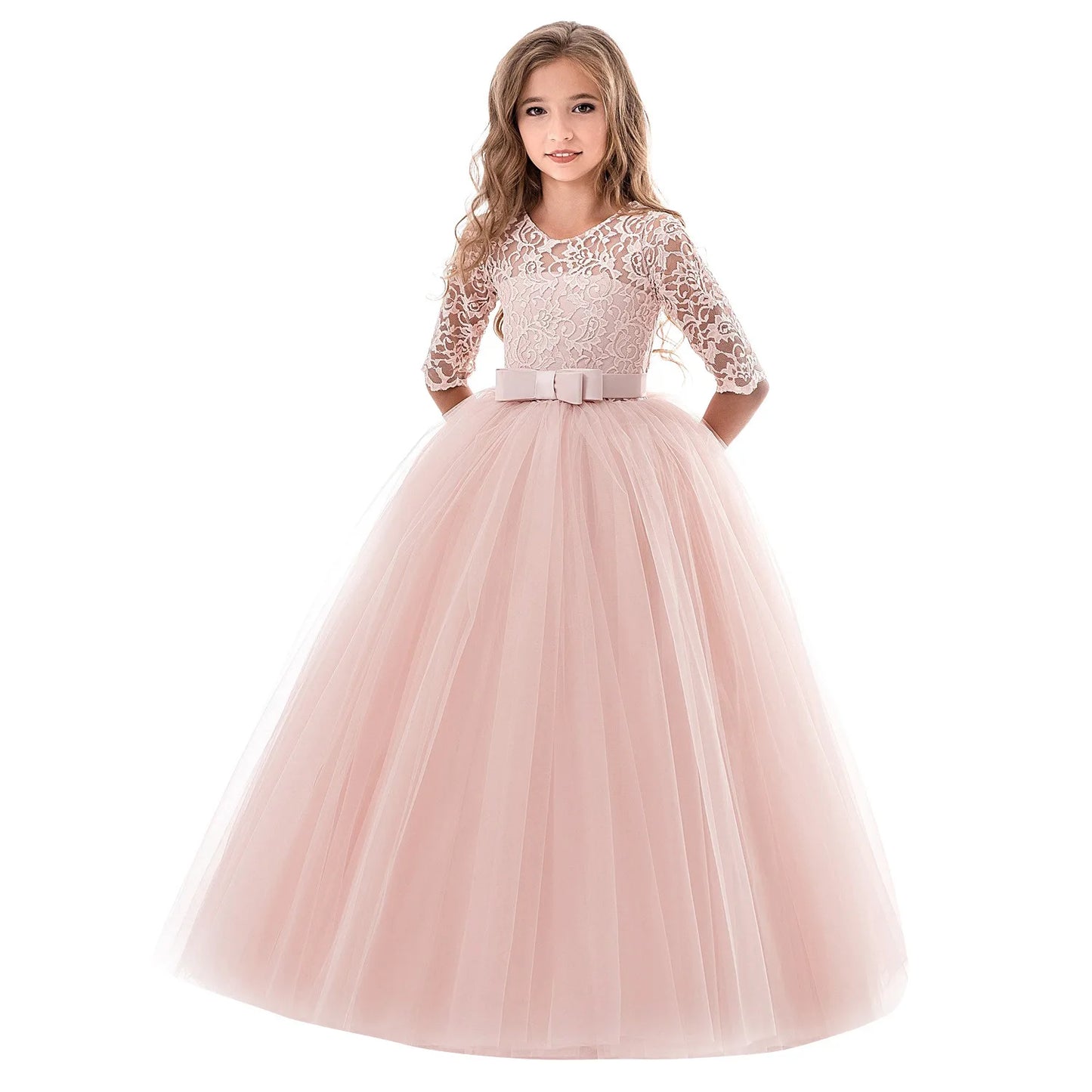 Girls Lace Embroidered Bow Princess Dress Long Sleeve Tulle Gown For Toddler First Communion Bridesmaid Wedding Birthday Party