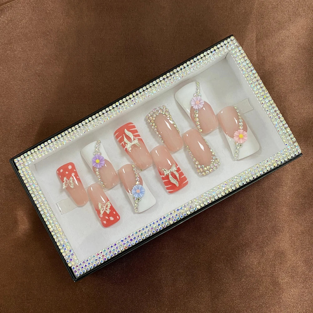 2024 New Design Nail Art Y2K Gel Polish Square Acrylic Luxury Glossy Bling Handmade Press On Nails 10 PCS Fingernails