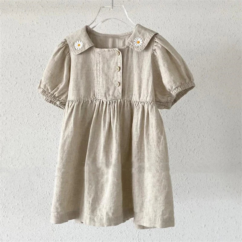 New Summer Girls' Baby Dress Campus Style Flower Embroidery Lapel Bubble Short Sleeve Denim Dress Student Clothes Children Dress