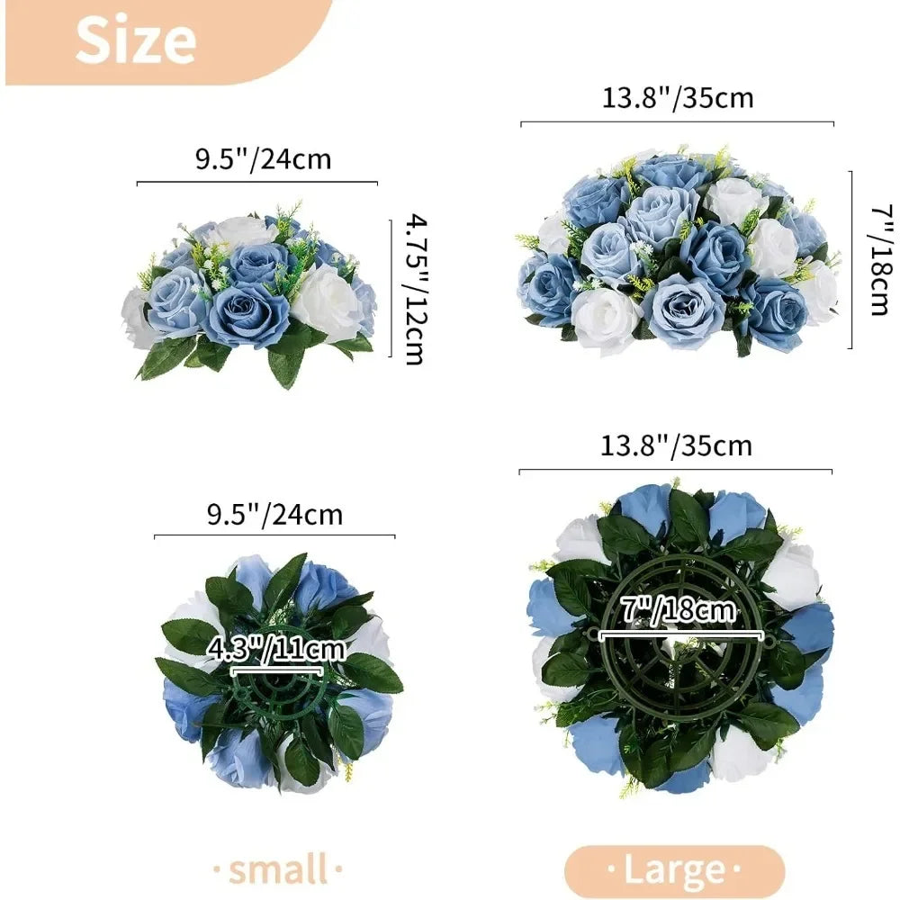 Wedding Artificial Flower Decorations, 10 Pieces of 13.8 Inch Diameter Blue and White Silk Fake Rose Dining Table Decorations