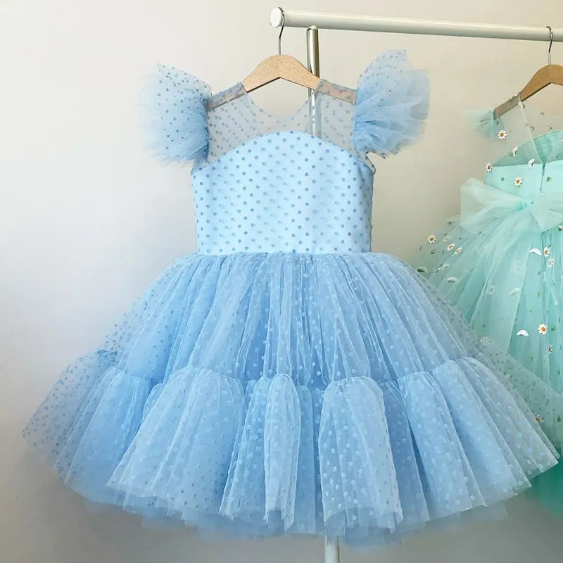 Summer Dress for Kid Girl Polka Dots Pink Mesh Dresses Flower Girls Wedding Tutu Fluffy Vestidos Princess Birthday Party Gown