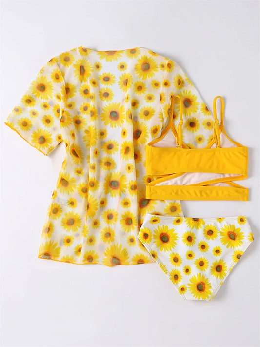 Bikini Girls Swimsuit 2025 New Sun Flower Sling Children Bikinis Set High Waist Swimwear Kids Beach Wear Swimming Bathing Suit