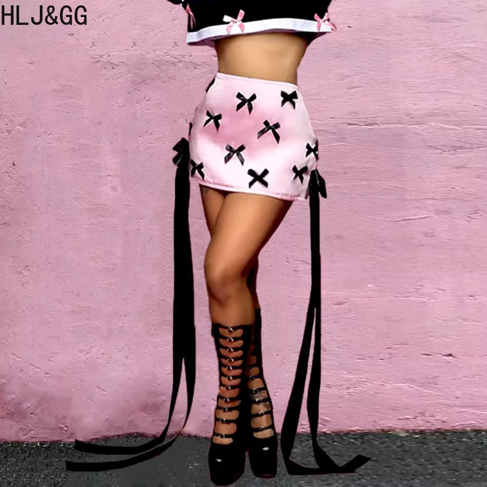 HLJ&GG Y2K Pink Fashion Bow Design Two Piece Sets For Women Sleeveless Backless Slim Tube + Mini Skirts Outfits Female Clothing