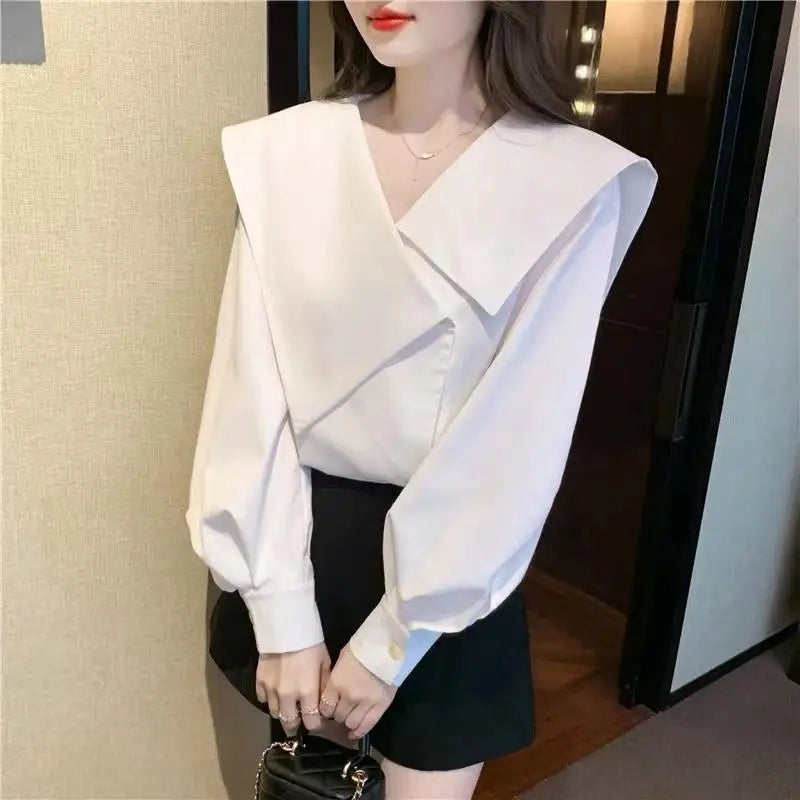 Fashion V-Neck Irregular Lantern Sleeve Blouses Female Clothing Solid Color Women Shirts
