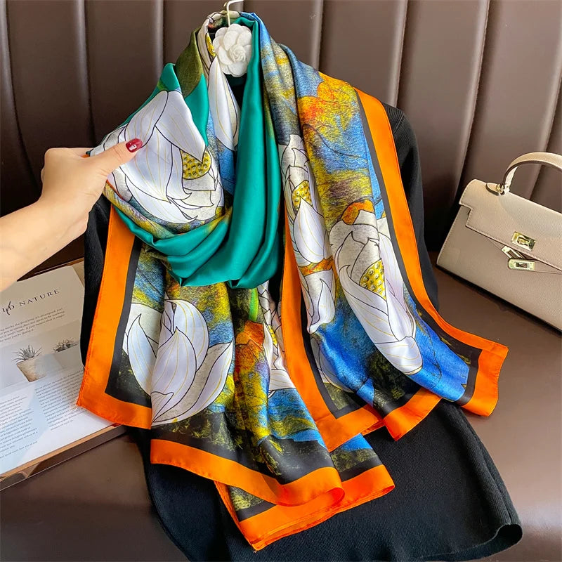 New 2025 180*88cm classic Silk Scarf Women Foulard Office lady Large Fashion Print Beach Hijab Shawl Warp Bandanna Muffler
