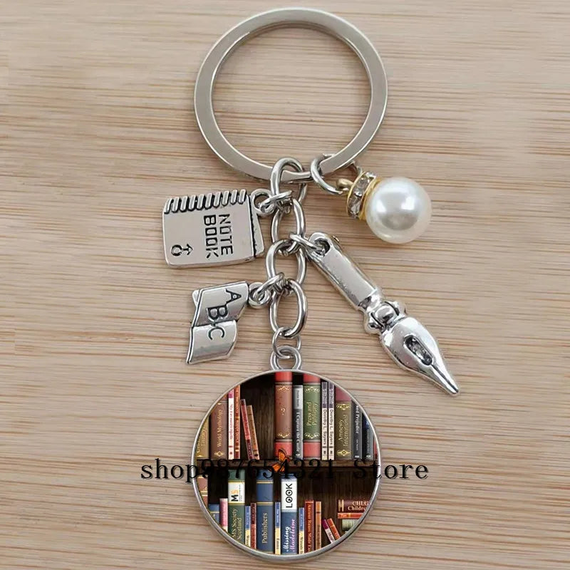 Classic Library Books Keychain Vintage Old Books Key Chain Librarians Key Ring Gift for Nerd Bookworm Writer Teacher