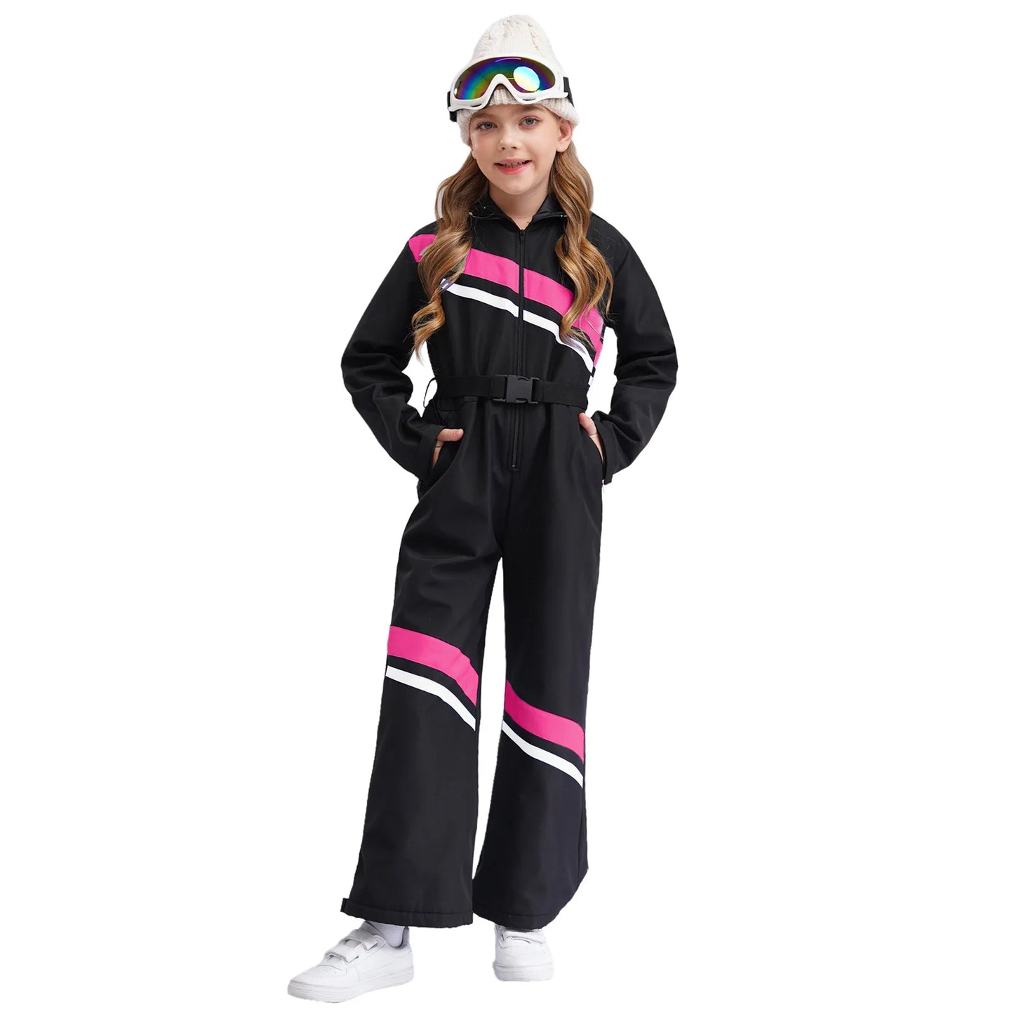 Kids Girls Ski Hooded Jumpsuit Long Sleeve Zipper Color Block Bodysuit with Belt for Skiing Snowboarding Mountaineering Pants