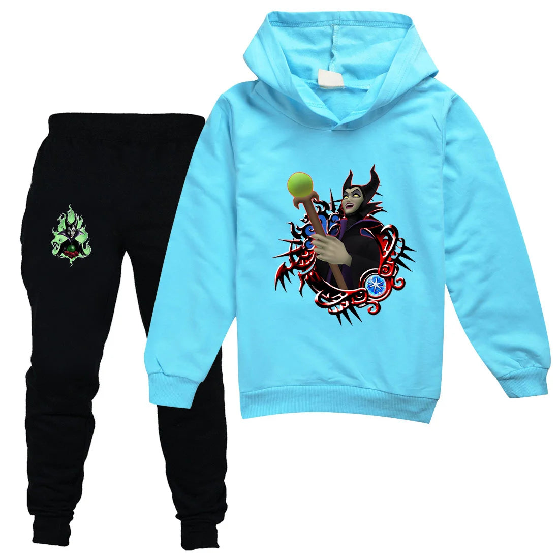 Maleficent Kids Sportswear Suits Girls Boys Casual Thin Hoodie Black Pants Teen Chilren Outerwear Clothing Sets