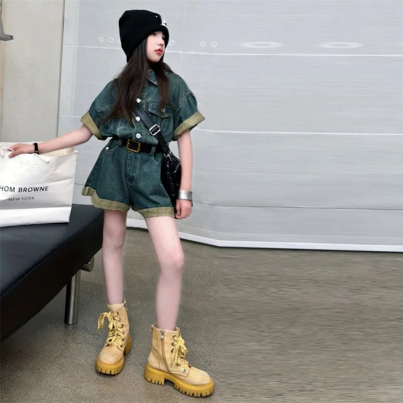 جمبسوت جينز بتصميم كلاسيكي للفتيات المراهقات من سن 5 إلى 14 عامًا، شورت جينز واسع الساق بحافة ملفوفة، ملابس أطفال للبنات، ملابس داخلية قصيرة من الجينز