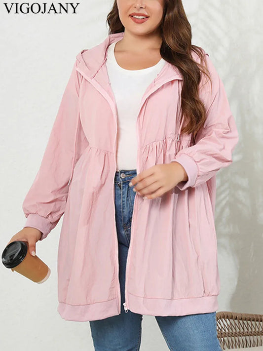 VigoJany 2025 Spring Autumn Solid Plus Size Coat Women Casual Large Long Sleeve Jacket Outwear Lady Chubby Zipper Curvy Clothes
