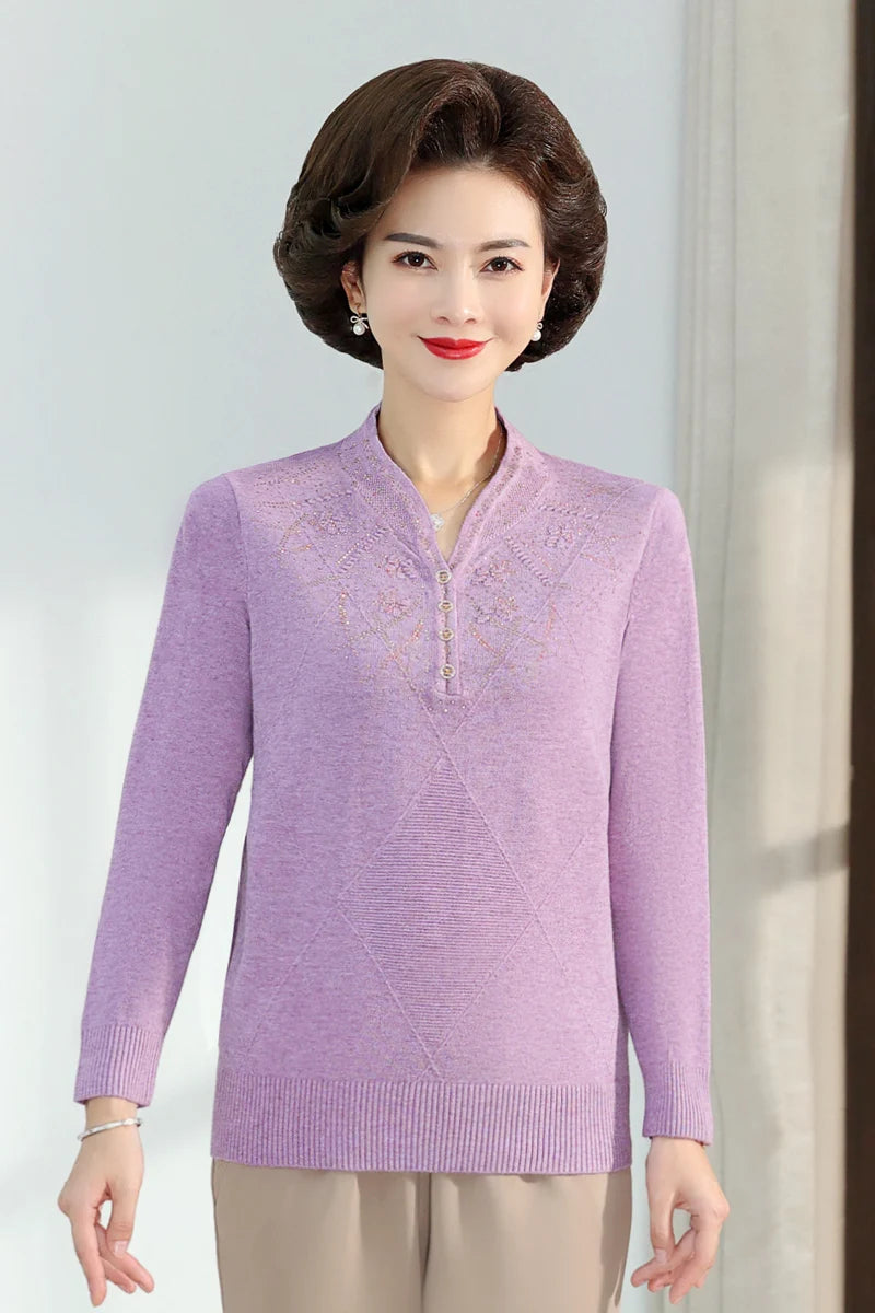 Middle-aged Women's Autumn Sweaters Pullovers V-neck JUmper Hot diamond Knitting Sweater Mother Dress Tops