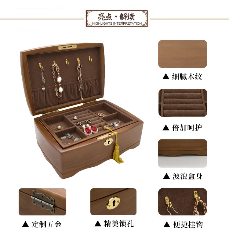 2021 New Solid Wood Jewelry Box With Lock To Make European High-End Luxury Retro Jewelry Jewelry Earrings Necklace Storage Box
