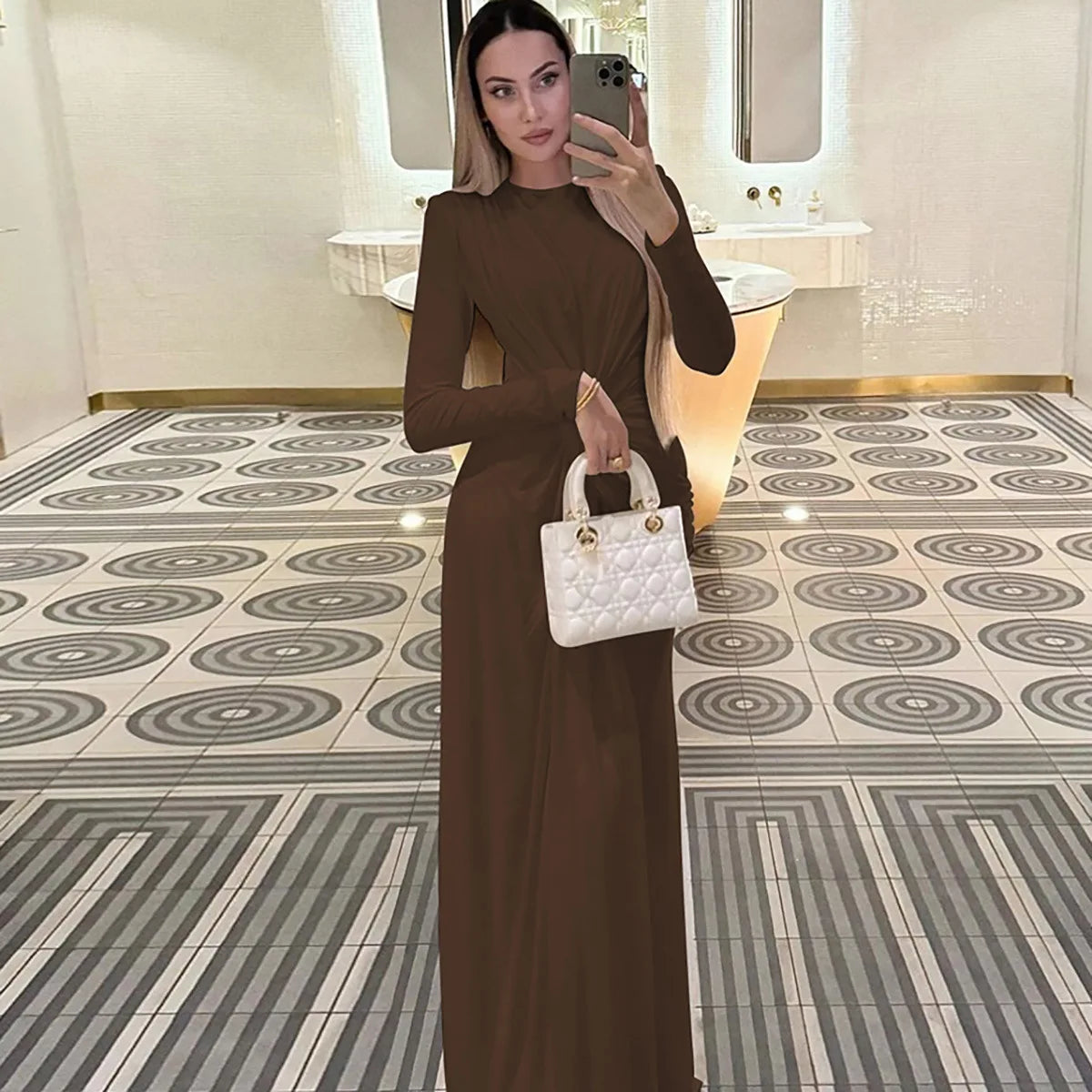 Luxury High Waist Folds Long Gray Dresses Women Long Sleeve Curvy Party Evening Dress Gowns Formal Occasion Solid Robe Winter