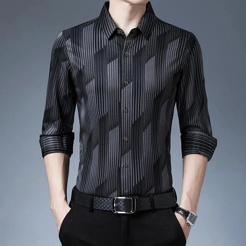 Long Sleeve Men Social Shirt Streetwear Casual Striped Shirts Mens Slim Regular Fit Clothes mon