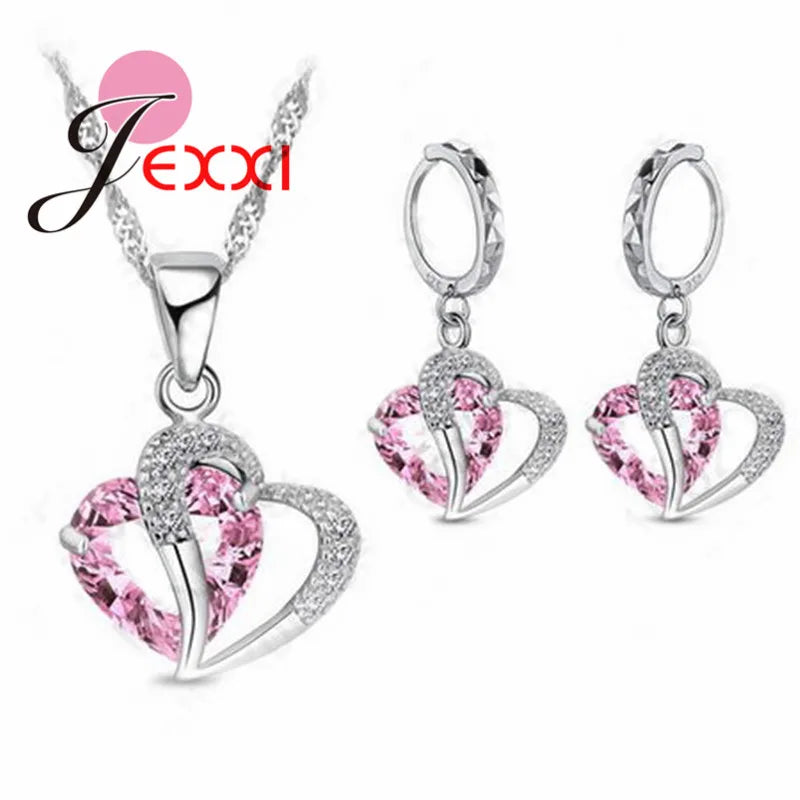 Exquisite Heart Pave 9 Color Cubic Zirconia Pendant 925 Sterling Silver Jewelry Sets For Girls Valentines Day Gift