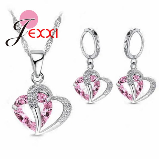 Exquisite Heart Pave 9 Color Cubic Zirconia Pendant 925 Sterling Silver Jewelry Sets For Girls Valentines Day Gift