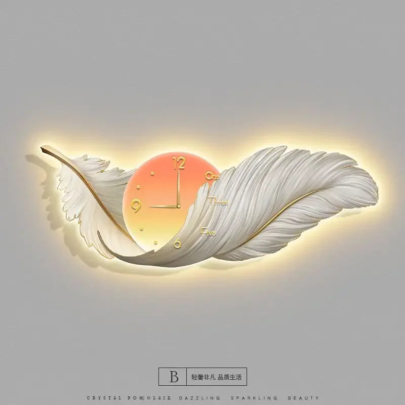 LED Wall Clock Light Luxury Large Art Clocks Living Room Decor Painting Wall Watch Feather Silent Clock Renoj Home Decoration