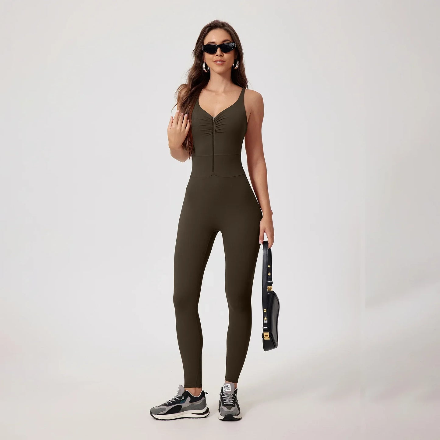 Zipper Brushed Sling Skinny Yoga Bodysuit Gym Workout Quick Dry Athletic Wear Outdoor Sports Running Comfortable Fitness Clothes