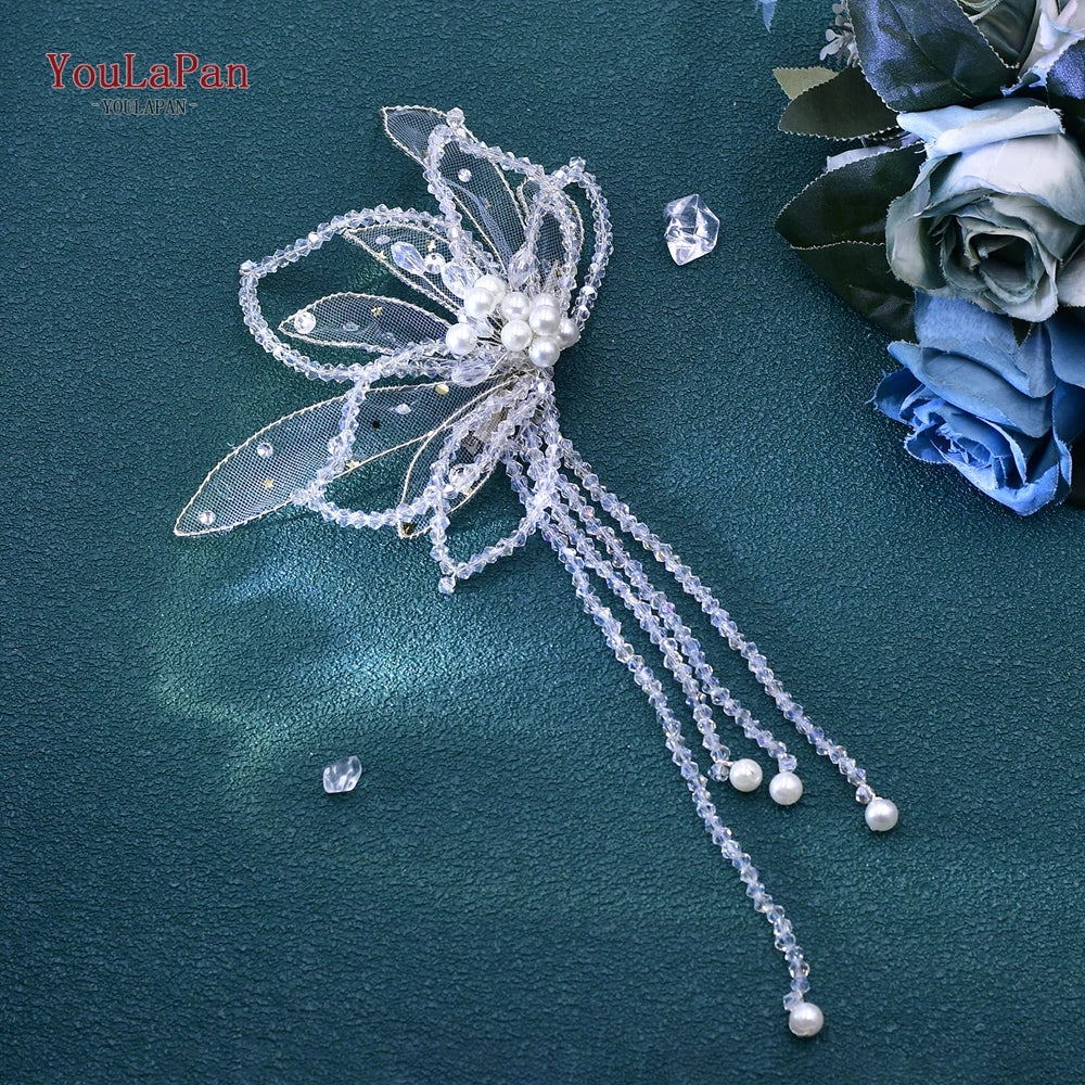 YouLaPan 2 Pce Butterfly Shape Hair Chip Handband Handmade Crystal  Tassel  Bride Headwear Shiny Wedding  Hair Accessories HP694