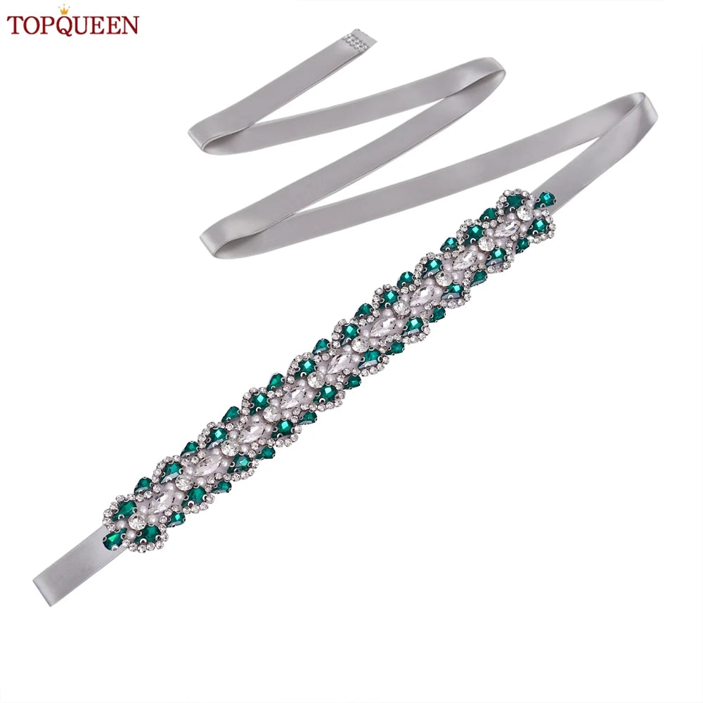 TOPQUEEN Luxury New Bridal Belt Wedding Supplies Dinner Dress Waist Decoration Green Bridesmaid Sash Accessories S466-D