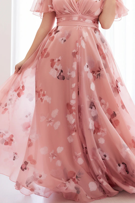 Flycurvy Plus Size Everyday Peach Pink Floral Flutter Sleeve Wrap Empire Waist Chiffon Maxi Dress clothes