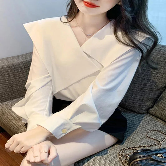 Fashion V-Neck Irregular Lantern Sleeve Blouses Female Clothing Solid Color Women Shirts