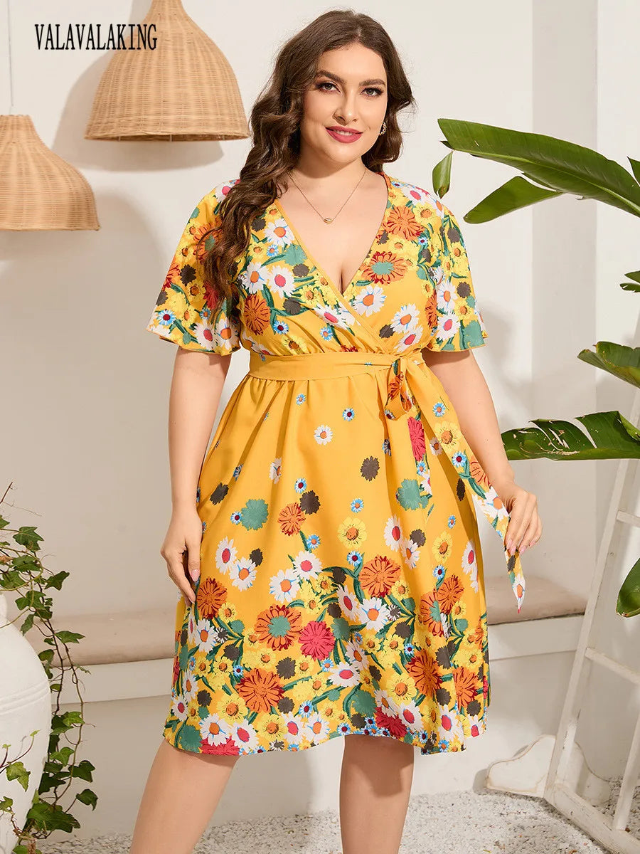 2025 Casual V-Neck Floral Print Plus Size Dress Women Short Sleeve Lace-Up Large Midi Dress Lady Chubby Curvy Pleated Long Dress