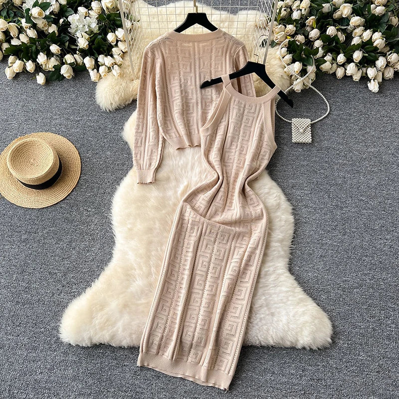 Knited Fall Winter Warm Women 2 Piecce Sets O-neck Single Breasted Cardigan Coats Tops Conjunto Korea Sleeveless Dresses Outfit