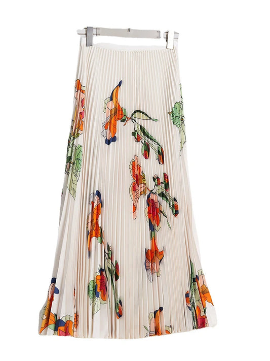 LANMREM Printed New 2 Pieces Skirt Set O-neck Long Sleeves Slim Tops High Elastic Waist Loose Skirts Female Clothes 2024 2YA758
