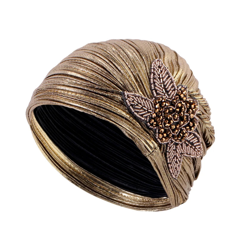 New Rhinestone Flower Turban For Women Elegant Pleated Skull Cap Muslim Hijab Hat Headwraps Elastic Ramadan Beanies Chemo Cap