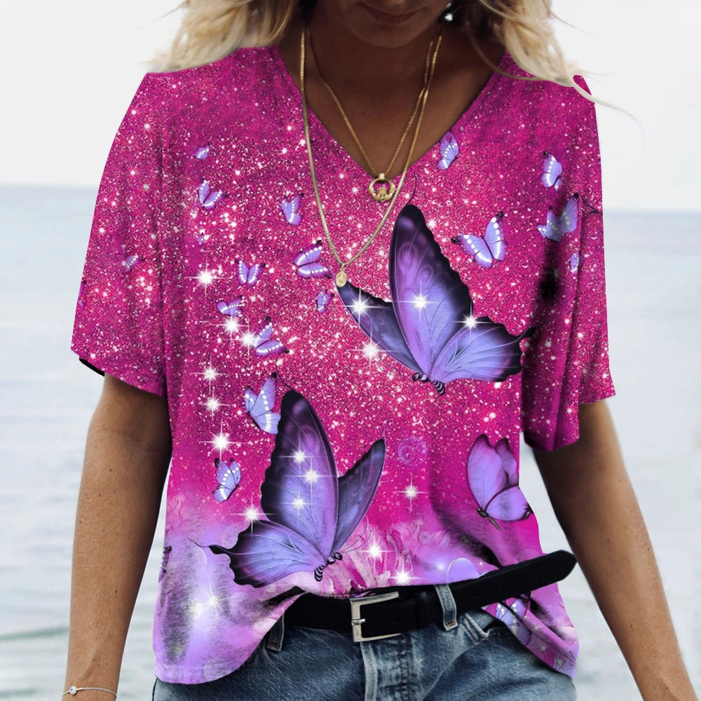 Butterfly Printed Women's T-Shirt clothes 3D V-Neck Cotton Fashion Short Sleeve Tops 2025 Casual Basic Girl's Clothing Harajuku Clothes