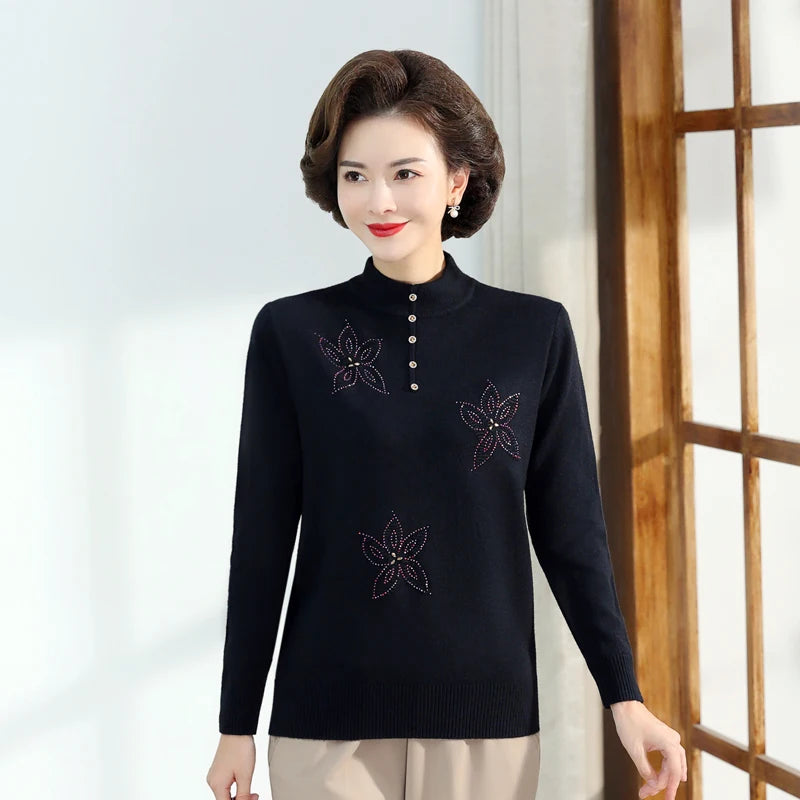 Middle-aged Women's Autumn Sweaters Pullovers V-neck JUmper Hot diamond Knitting Sweater Mother Dress Tops