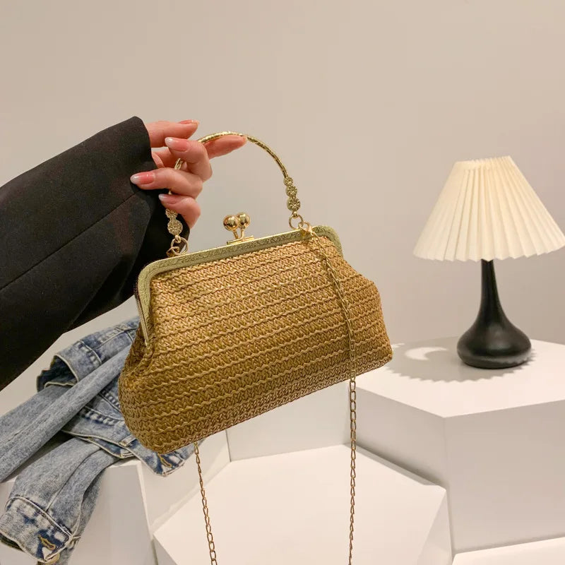Summer Beach Straw Bags Exquisite Gold Chains Party Banquet Purse Hand Woven Handbag Female Clutch Purses Shoulder Crossbody Bag