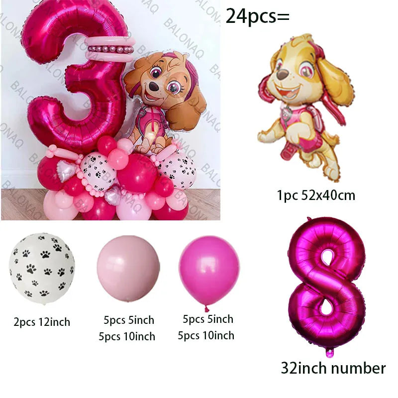 24pcs Pink PAW Patrol Skye Party Balloons Skye Number Foil Balloon Set Baby Shower Girls Birthday Party Decoration Kids Toy Gift
