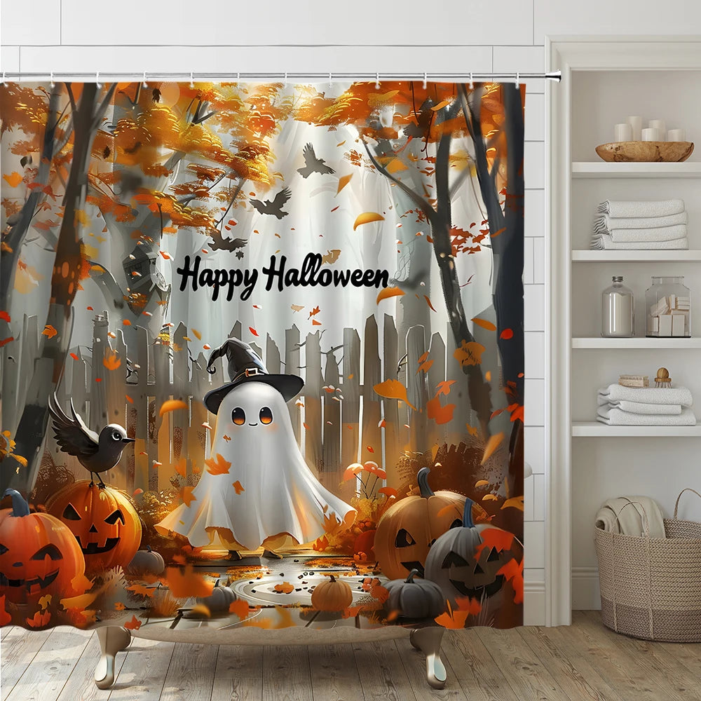 Funny Ghost Shower Curtain Set Halloween Skull Bat Flower Pumpkin Bath Screen Bathroom Mat Non Slip Rug Carpet Toilet Cover Home improvement decortion