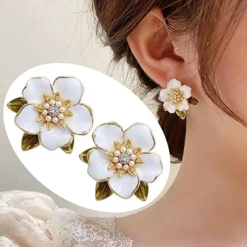925 Silver Needle Korean Vintage Oil Painting Pearl Flower Earrings For Women Jewelry 2024 Trending New Luxury Women's Earrings