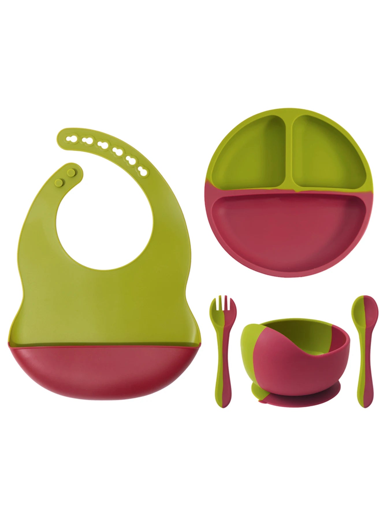 5PCS Baby Silicone Tableware Set Color Contrast Bib Suction Bowl Non-slip Plate Soft Spoon Fork Feeding Training Baby Dinner Set