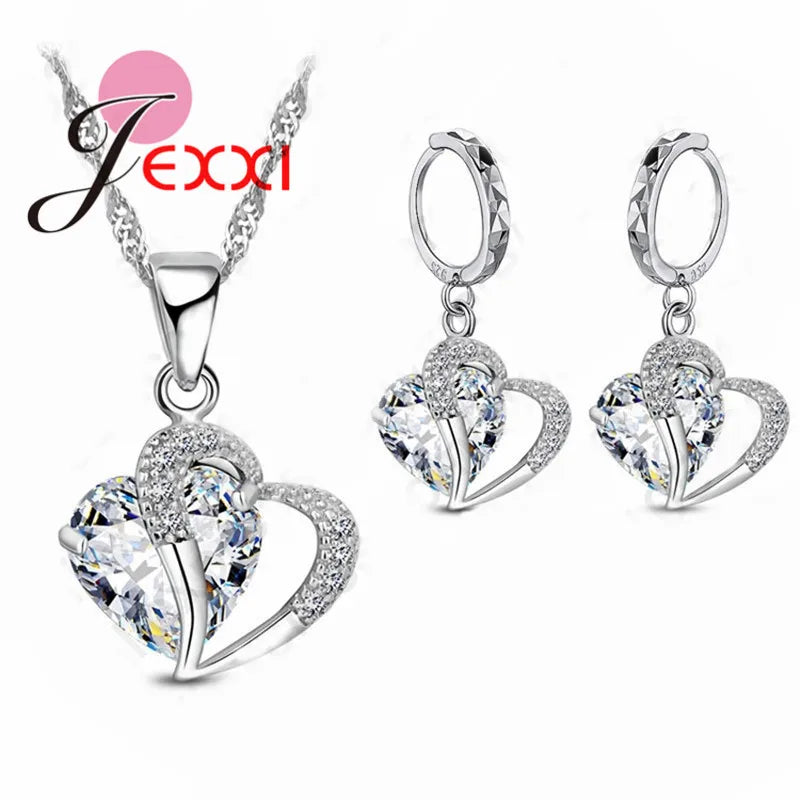 Exquisite Heart Pave 9 Color Cubic Zirconia Pendant 925 Sterling Silver Jewelry Sets For Girls Valentines Day Gift