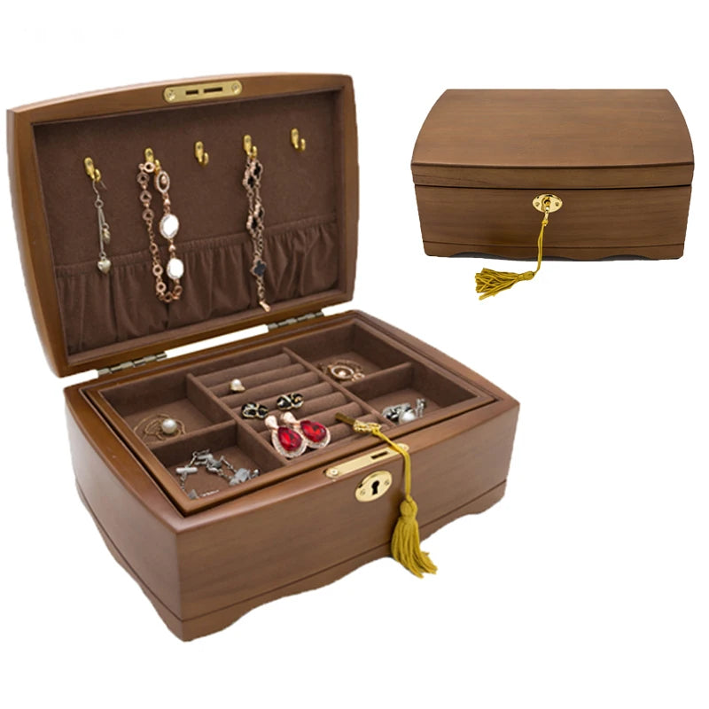 2021 New Solid Wood Jewelry Box With Lock To Make European High-End Luxury Retro Jewelry Jewelry Earrings Necklace Storage Box
