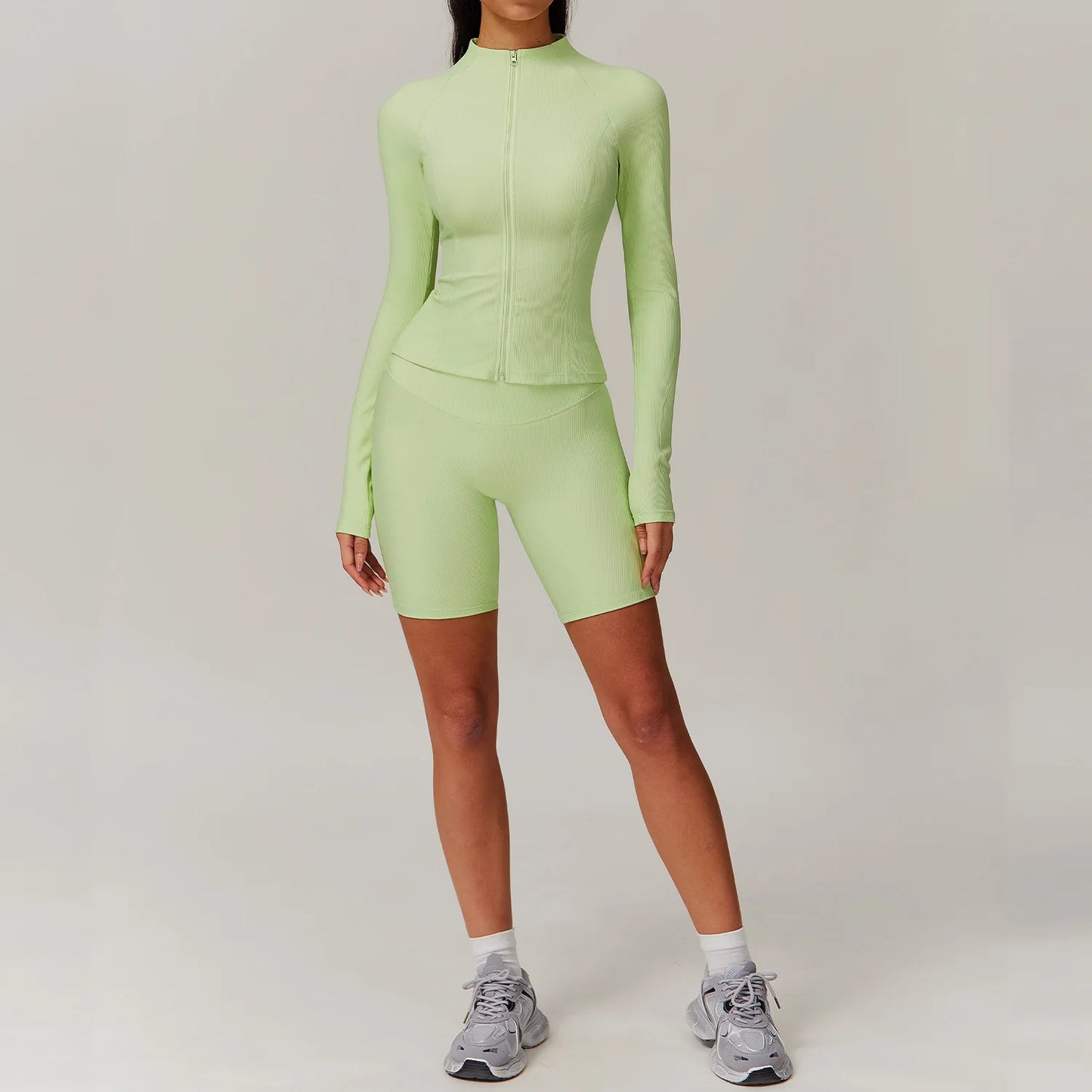 White 2PCS Women Yoga Set Workout Tracksuits Sportswear Gym Clothing Fitness Long Sleeve Jacket Waist Leggings Sports Suit