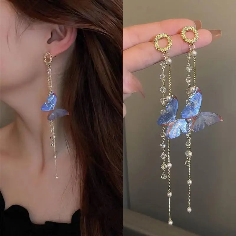 925 Silver Needle Green Crystal Butterfly Drop Earrings For Women Korean Jewelry 2024 Trending Fairy Luxury Women's Earrings New