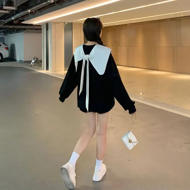 Bow Doll Collar Sweatshirt for Women New Style Loose Sweet Hoodless Petite Fashionable Age-reducing Top clothes